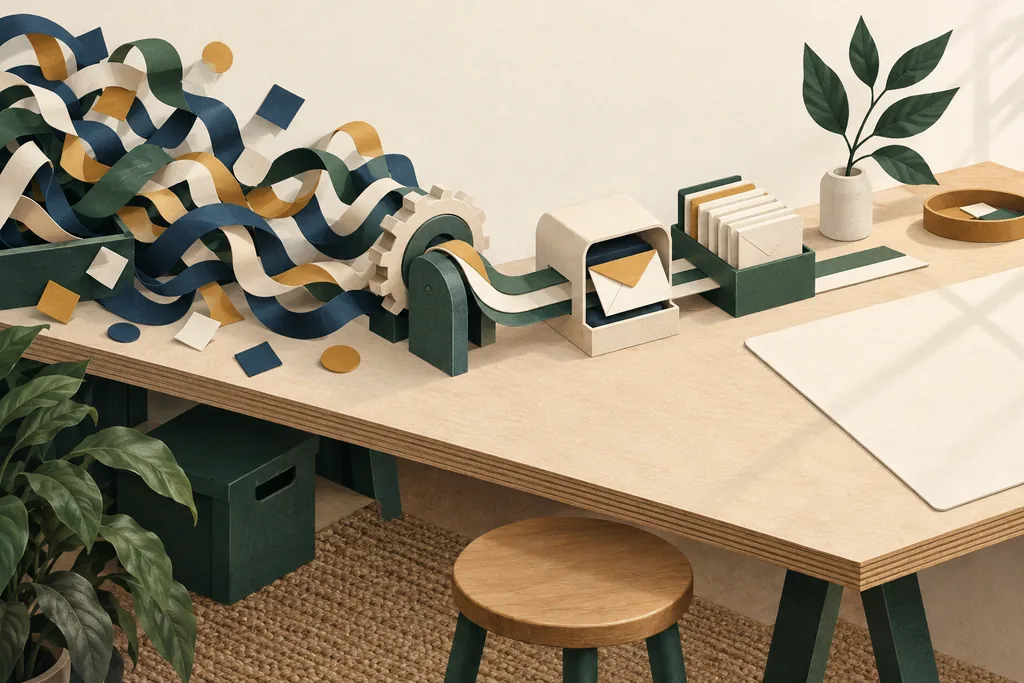 Editorial illustration: tangled work becomes a clear workflow through cards, a gear and an envelope.