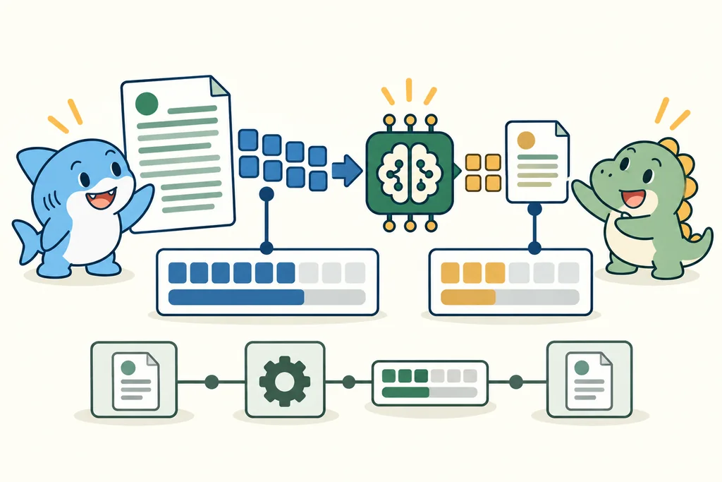 An input document and a short extracted result follow separate billing paths beside the other steps in a workflow.