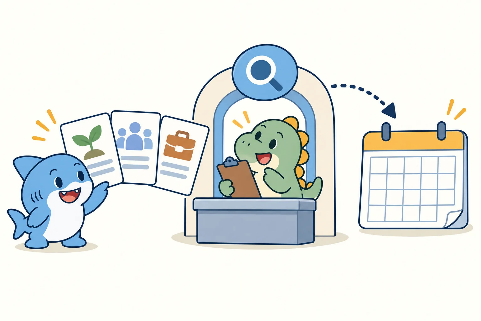 Different business types passing through offer review and a calendar.