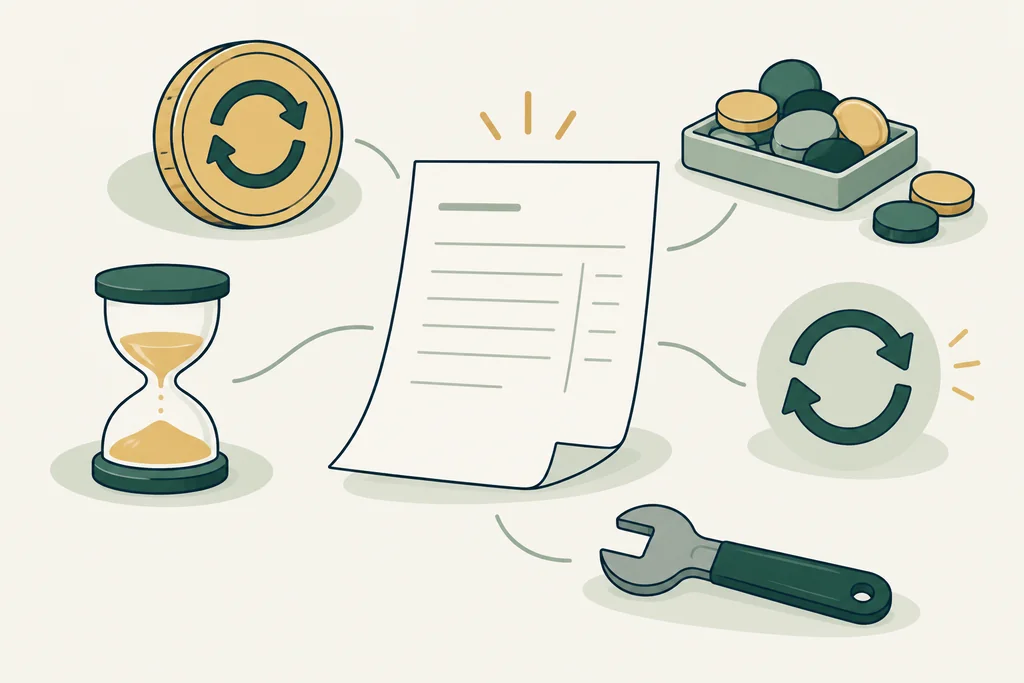 An invoice surrounded by a recurring-payment coin, usage tokens, an hourglass, retry arrows and a wrench.