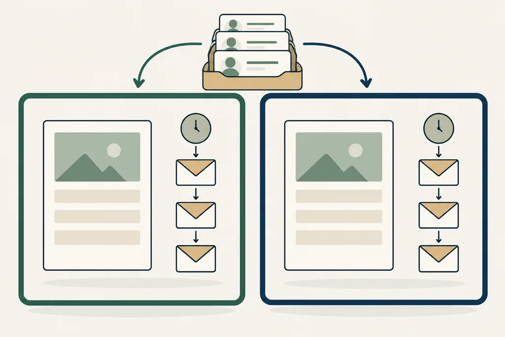 A shared subscriber list feeds two equal newsletter and timed follow-up planning panels.