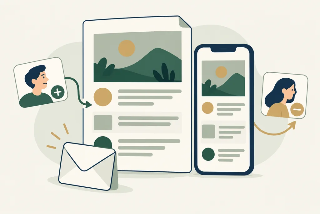 The same newsletter in wide and mobile layouts, beside an envelope and subscriber cards joining and leaving.
