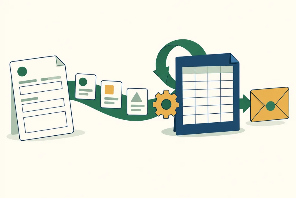 Form, data cards and spreadsheet connected to a notification envelope, with a retry arrow.