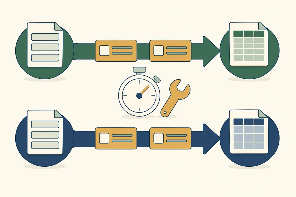 Two matching form-to-spreadsheet routes with a stopwatch and wrench between them.