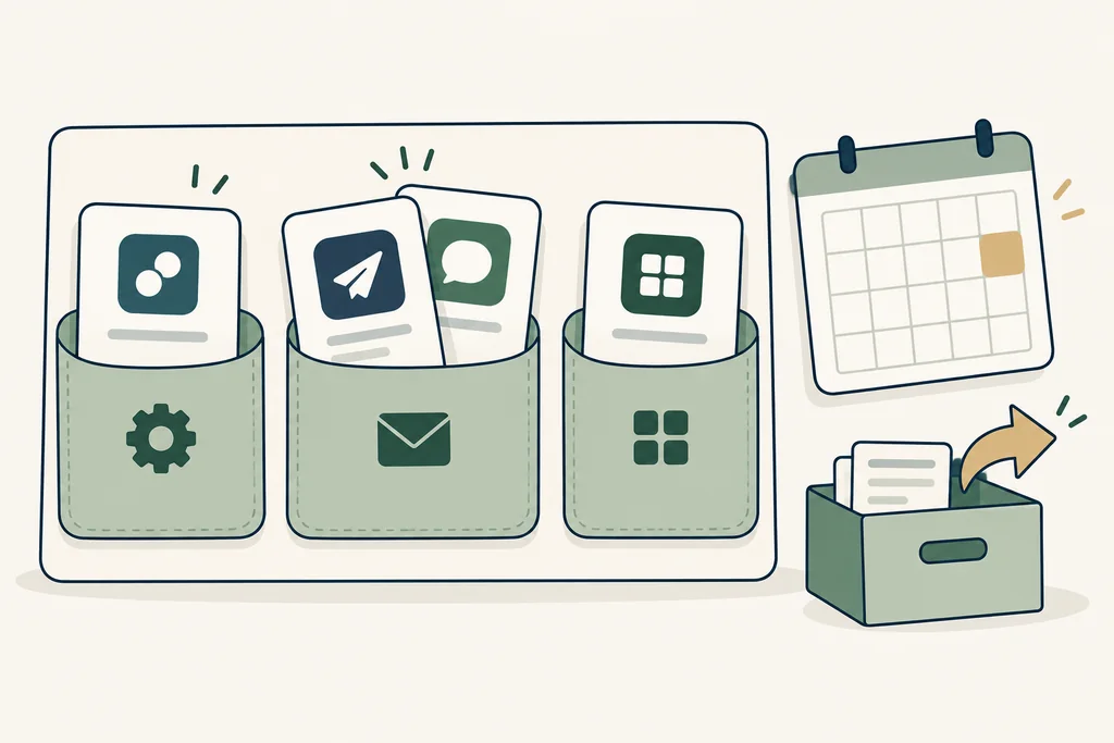 Tool cards grouped by job, with two cards in the email pocket, beside a renewal calendar and export archive.
